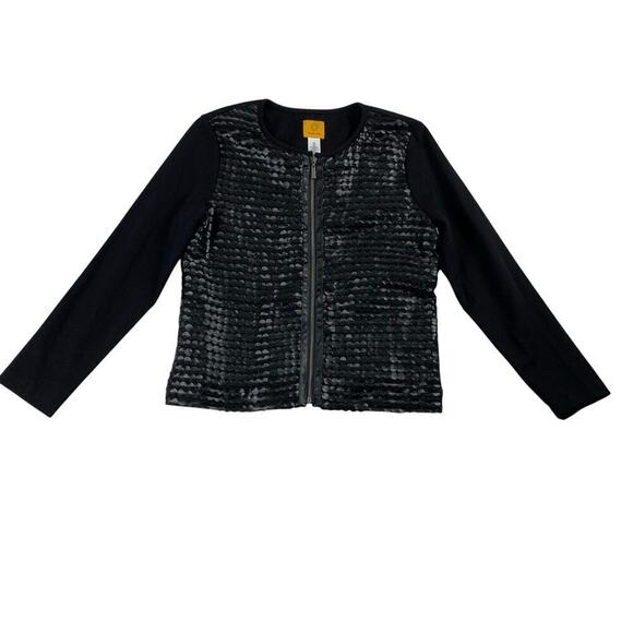 Ruby Rd. Black Faux Leather Zip Front Jersey Knit Texured Jacket - Size M - Picture 1 of 6